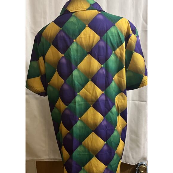 Mardi Gras Print Casual Button Down Short Sleeve Shirt New Orleans Small W/Beads - Picture 3 of 15